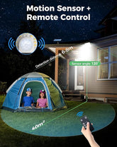 Outdoor scene with a tent, motion sensor, and remote control, highlighting features like detection distance and sensor angle.